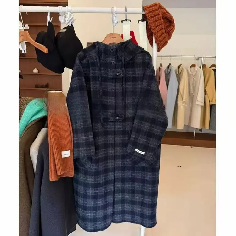 反季大促【柏林少女】韩系休闲蓝灰格连帽长款时尚气质双面羊毛大衣