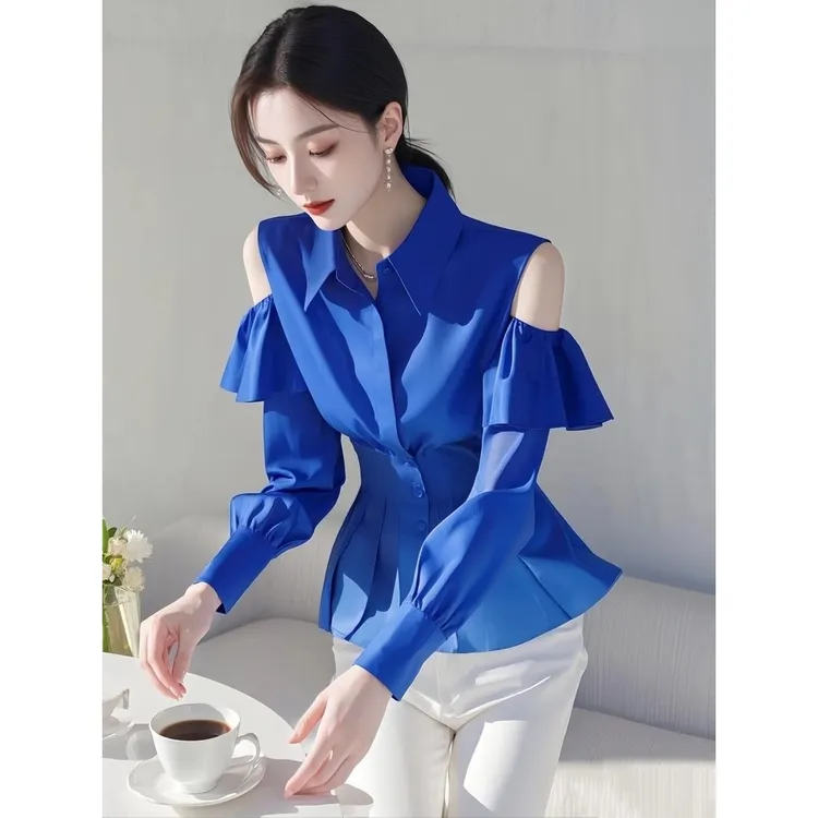 SS94超火春季新款克莱因蓝衬衫法式气质高级感超好看独特漂亮上衣