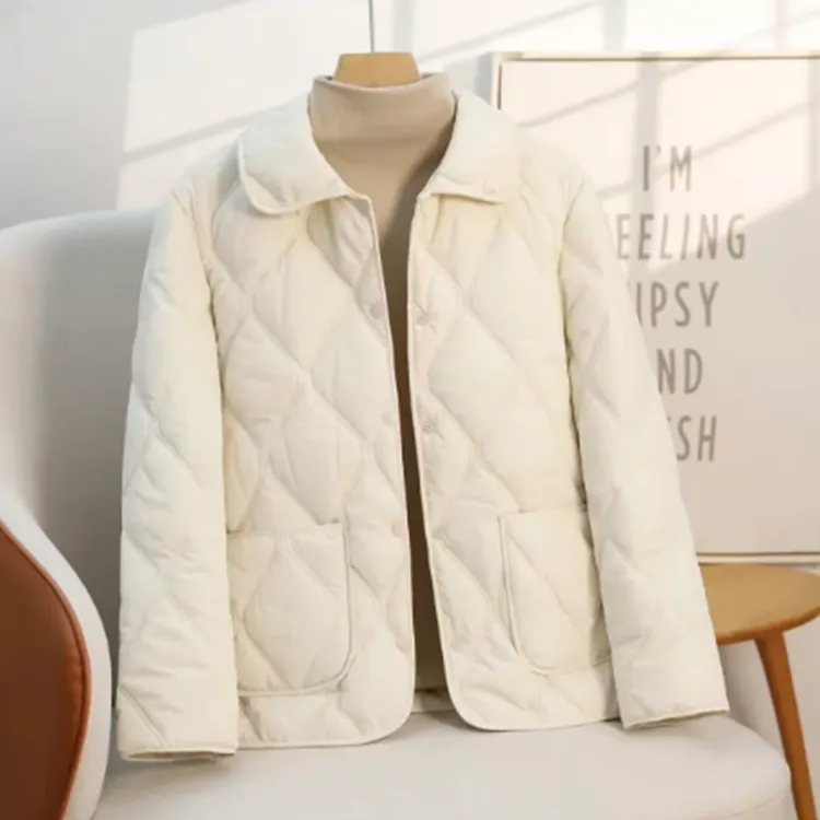 秋冬女士宽松翻领棉服韩版短款棉衣菱形轻薄小棉袄百搭休闲上衣