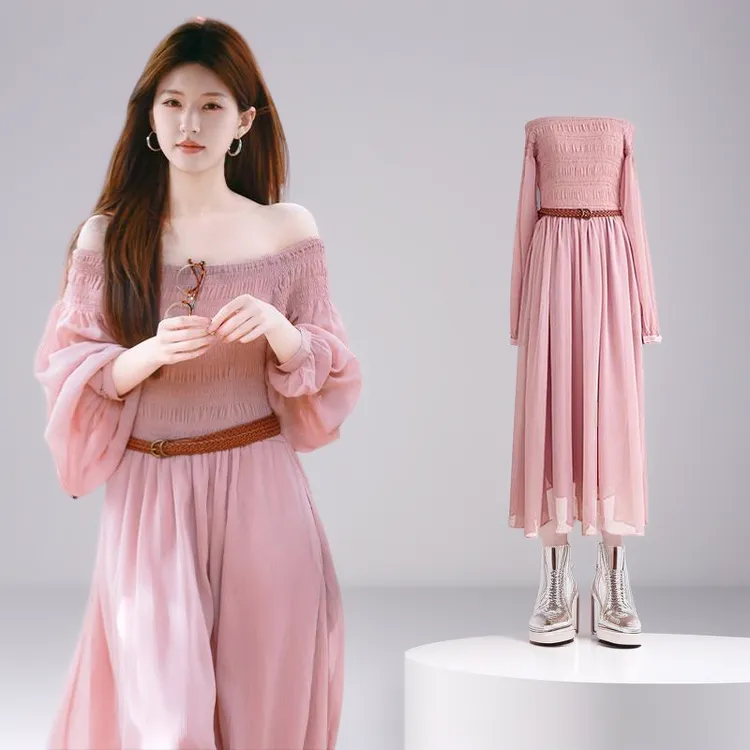 粉色夏季高级感法式明星同款泡泡袖网红一字肩连衣长裙