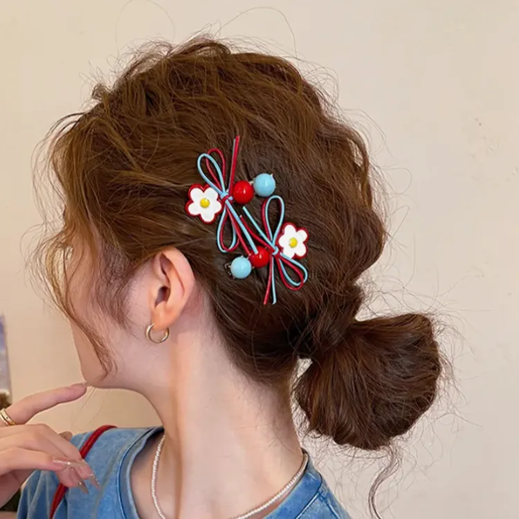 韩系甜美红蓝花朵发夹女蝴蝶结小夹子刘海夹边夹一字发卡发饰侧边