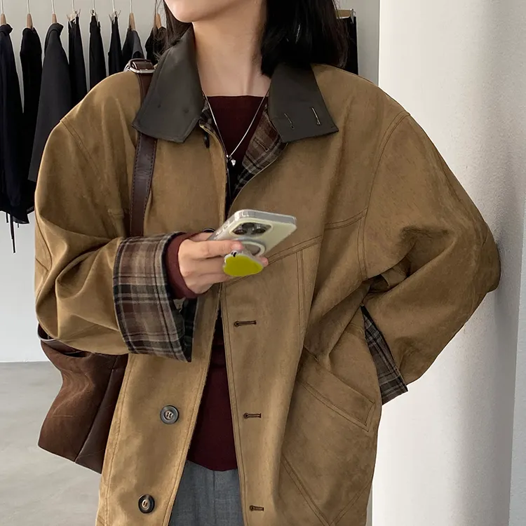 MIU系巴恩风咖色撞色格纹麂皮绒分割设计夹克外套女