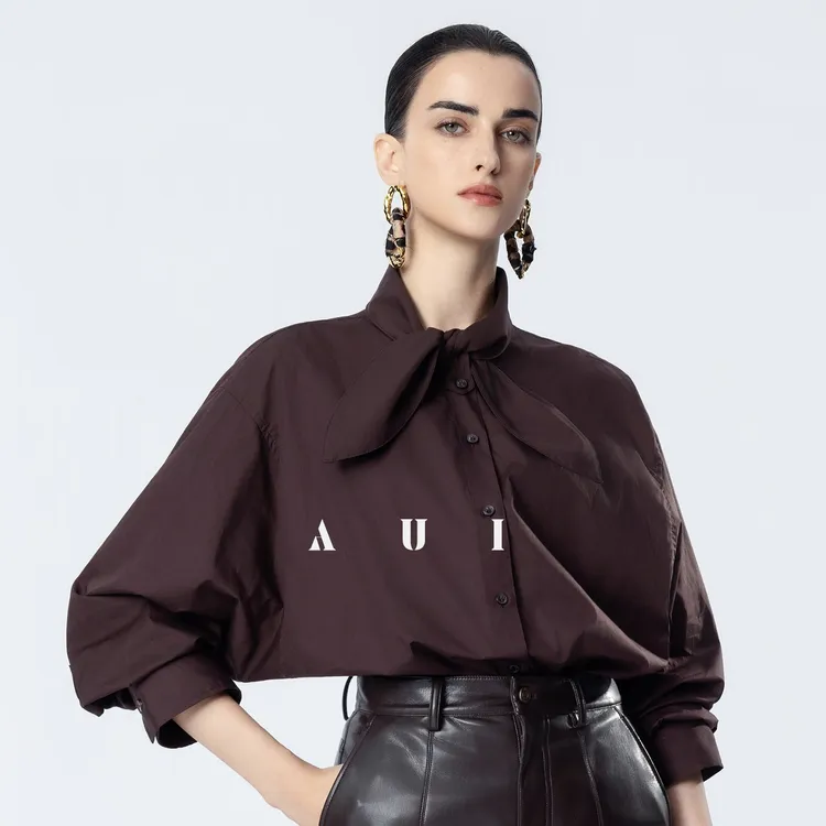 aui时尚百搭复古蝴蝶结领衬衫女职业通勤衬衣气质上衣25W050895