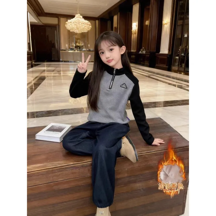2025女童加绒打底衫冬季立领半拉链卫衣中大童舒适保暖内搭时尚潮