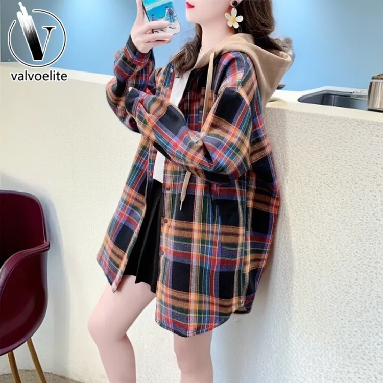 VALVOELITE新款大码女装开衫外套女秋冬加绒加厚格子衬衫爆款上衣