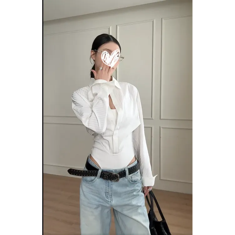 修身假两件连体衬衫夏季法式薄款收腰显瘦百搭别致外穿衬衣女装潮