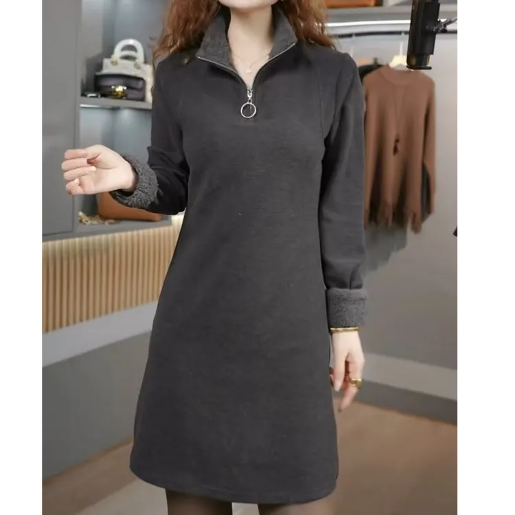 半拉链立领中长款打底衫女秋冬2025年新款双面绒t恤百搭长袖上衣