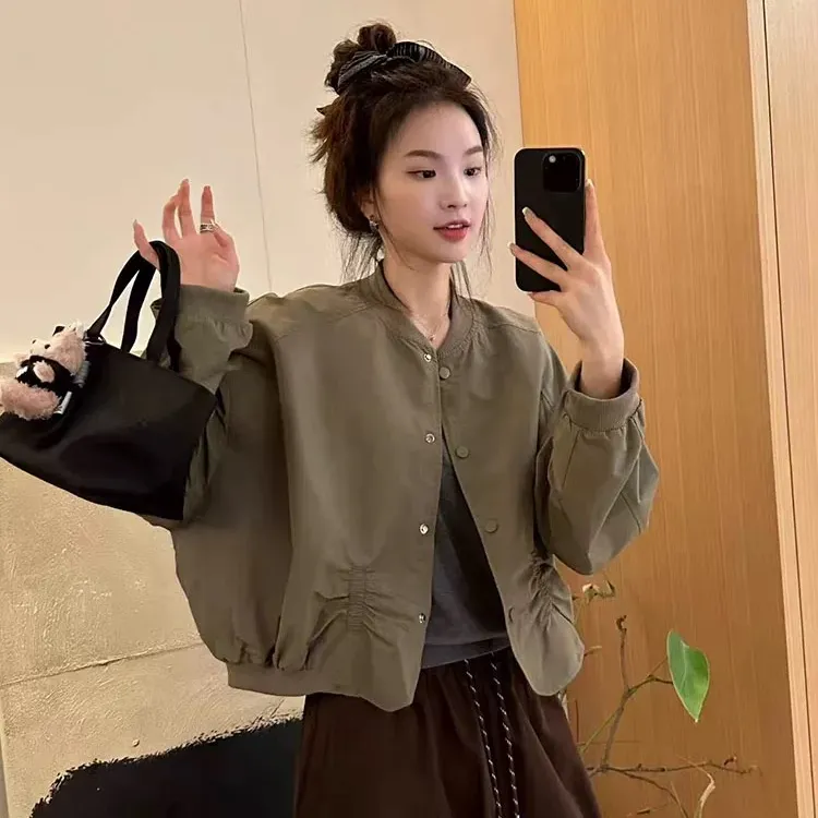 欧版圆领单排扣褶皱设计长袖短外套2025秋新宽松显瘦减龄上衣9803