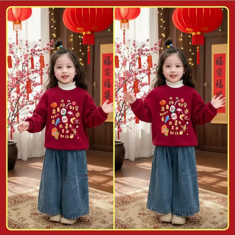 冬季儿童拜年服2025宝宝新年战袍立体高领卫衣新年款加绒加厚童装