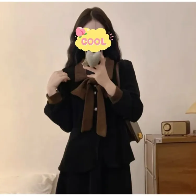 大码秋冬千金风蝴蝶结长袖外套高腰显瘦半身裙套装女21611#