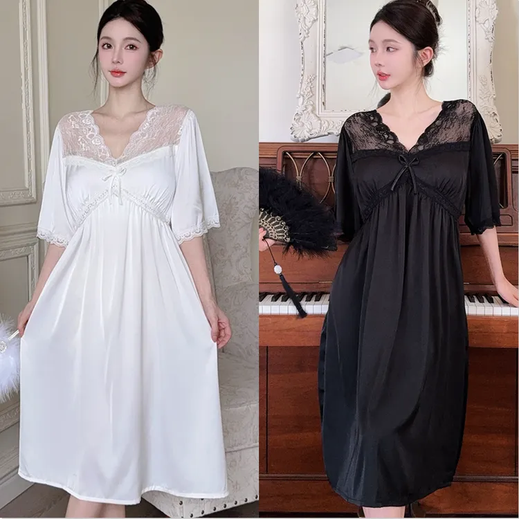 浪漫法式夏季直播白色睡裙女短袖冰丝蕾丝花边中长款带胸垫黑色白