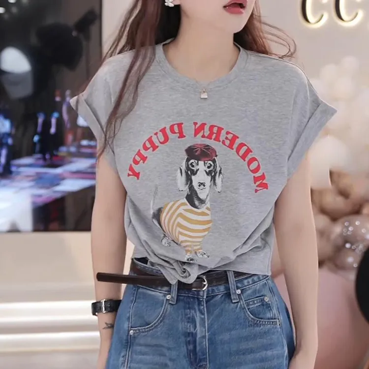 25夏季时尚圆领美式复古狗狗绑带短袖上衣