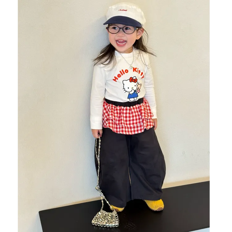 小思家女童2025秋季可爱韩版洋气卡通猫印花上衣格子屁帘裤套装