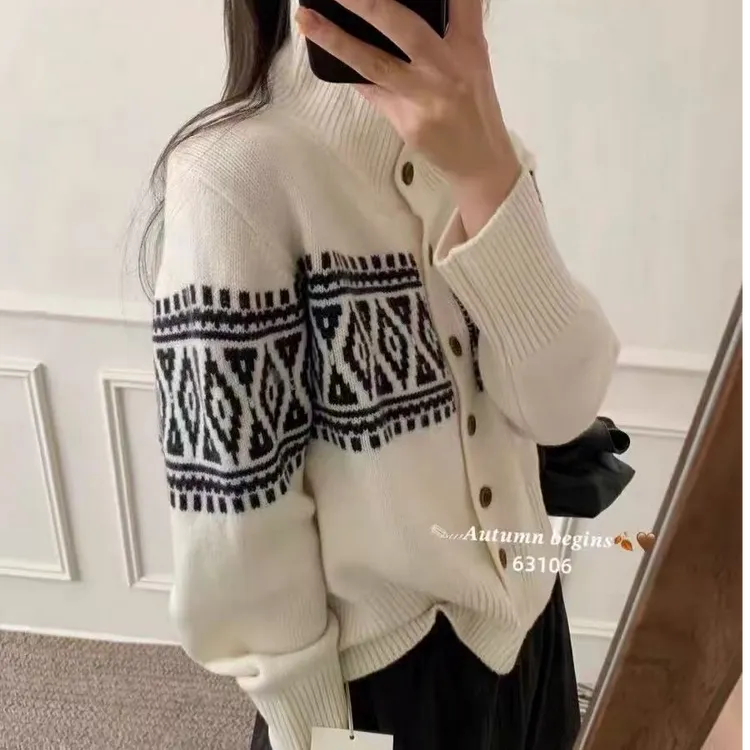 费尔岛复古提花高领羊毛针织开衫女秋冬宽松慵懒风毛衣羊毛外套