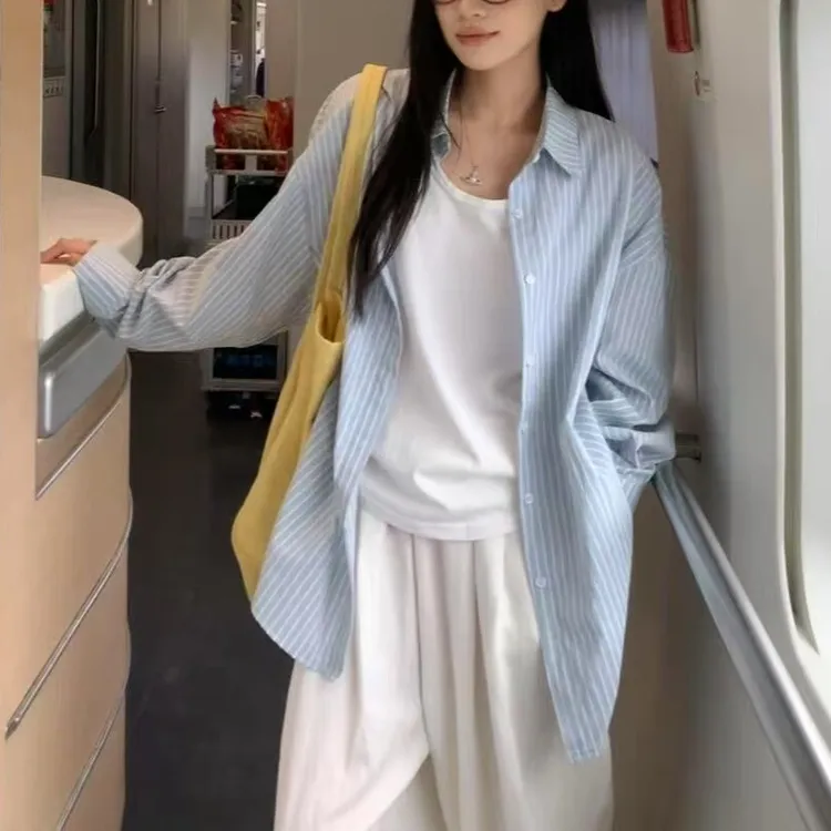 时尚休闲套装气质长袖条纹防晒衬衫女装春季高腰宽松阔腿裤两件套