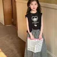 （现货）女童夏季套装休闲薄款中童无袖花边格子裤两件套JXTXW55853