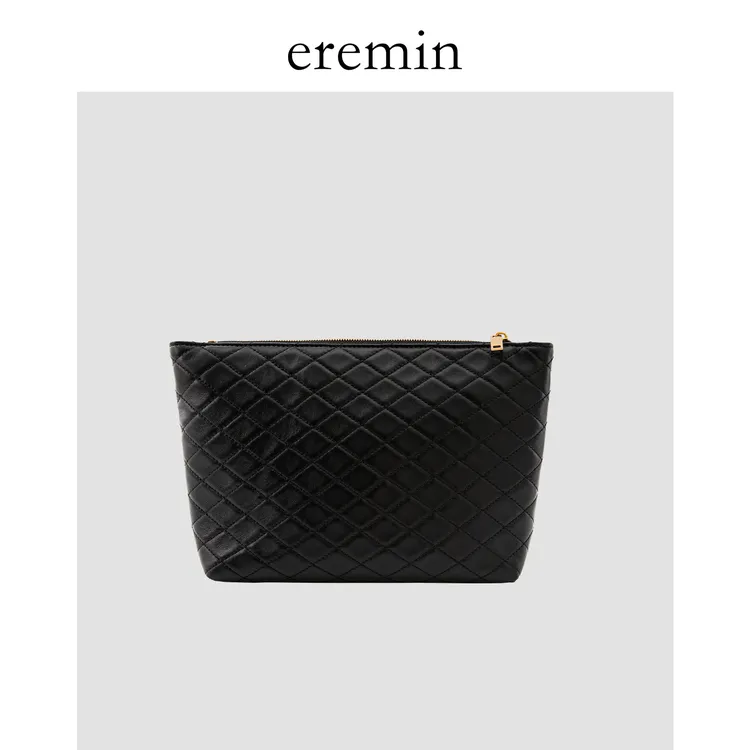 Min 羊皮菱格绗缝方形化妆包简约真皮手拿包