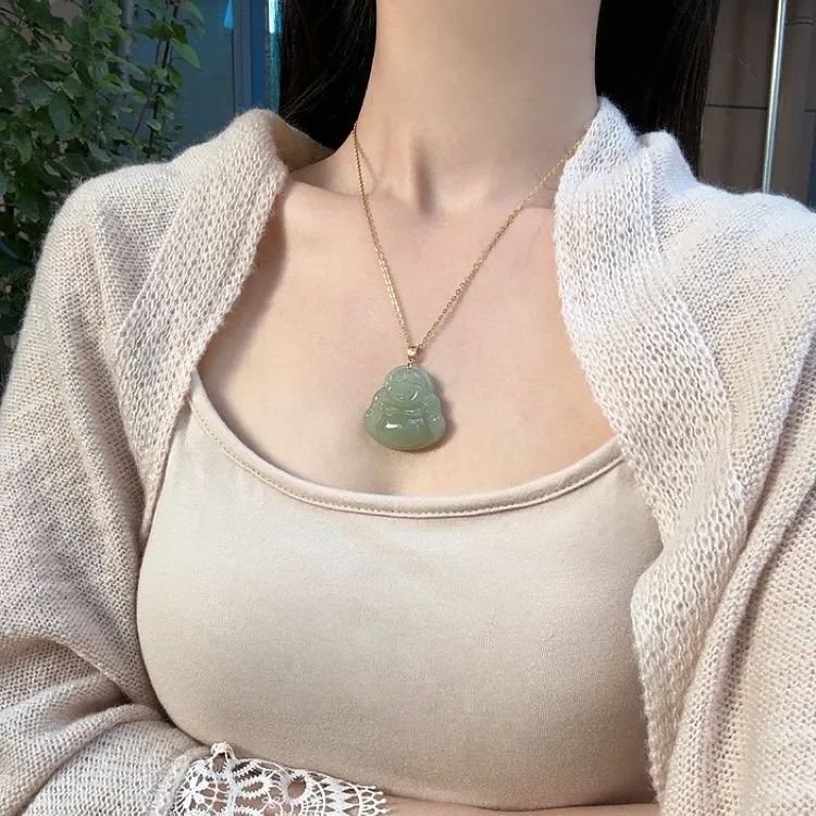 新疆和田玉佛公18K金镶嵌女款气质轻奢时尚精美百搭绿色女士吊坠