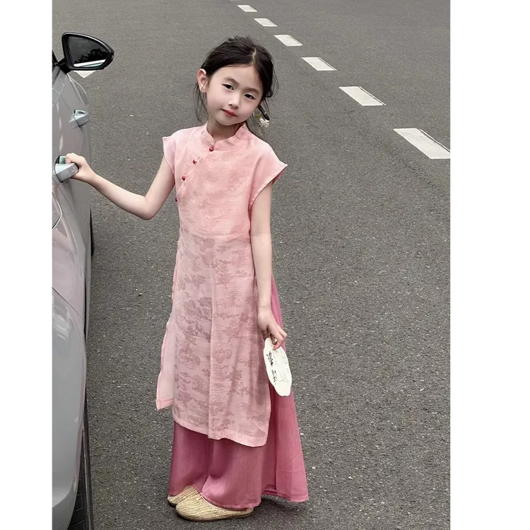 女童新中式复古旗袍民国风2025新款女孩洋气长款甜美古风夏季套装