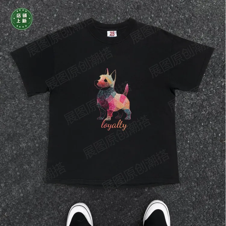 230克夏季纯棉短袖个性印花仿刺绣卡通短袖圆领透气T恤男女同款