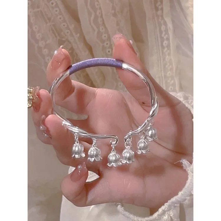 足银手镯 铃兰花手镯女银9999花朵古风绕线设计感镯子时尚礼