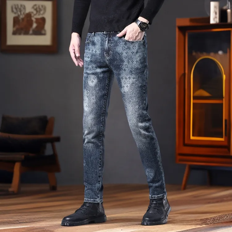 潮流长裤休闲裤印花秋冬弹力刺绣修身小脚百搭牛仔裤