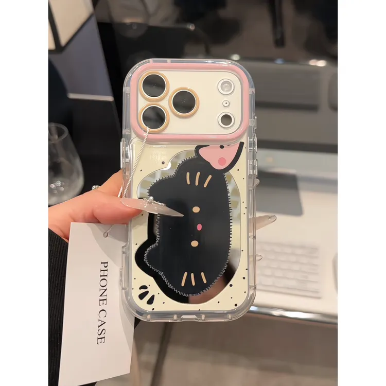 大脸猫小脸猪镜面适用苹果17手机壳新款华为可爱vivo小米全包OPPO