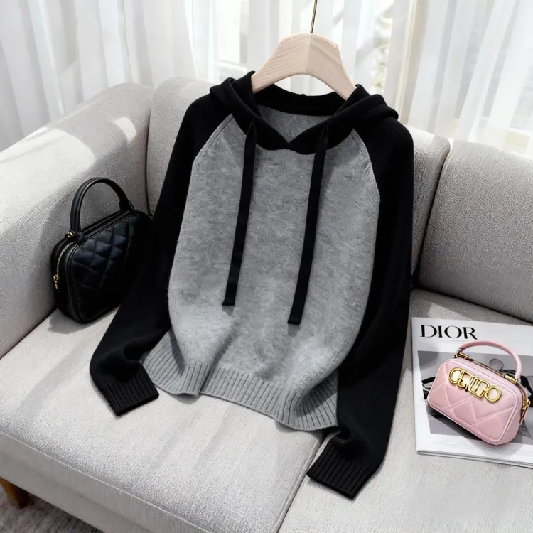 2025秋冬季新款休闲慵懒风高级感显瘦撞色小众长袖连帽毛衣针织衫