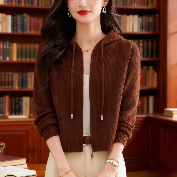 纯100羊毛针织衫女2025新款秋冬毛衣开衫外套连帽拉链短款上衣