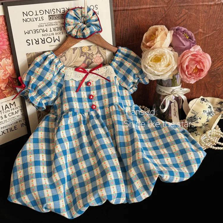 女童连衣裙2025夏季新款儿童洋气蓝格子裙宝宝夏装短袖裙子公主裙
