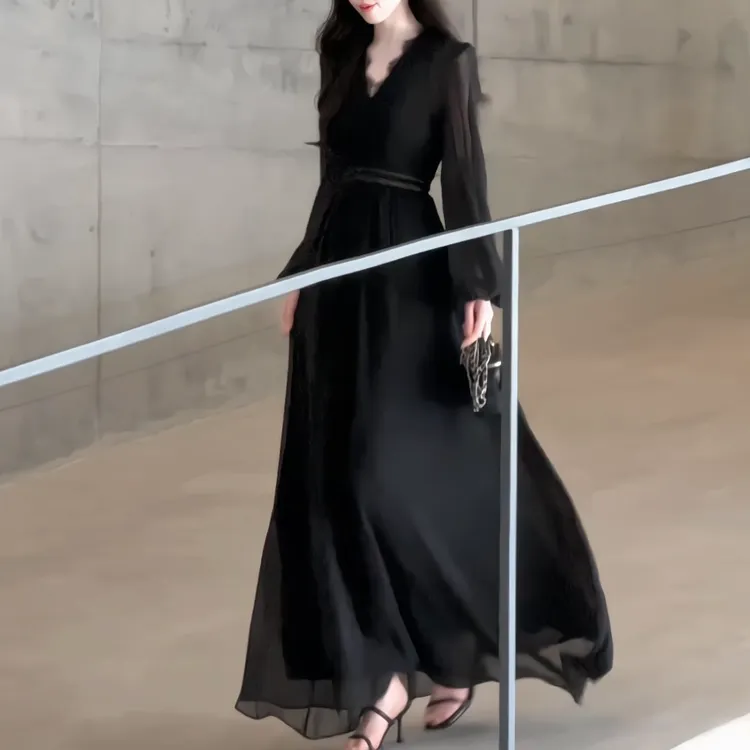 拉夏贝尔【夜曲】25秋季禅意仙气飘飘时尚显瘦长袖连衣裙 10576 LSC