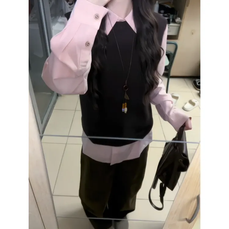 韩系学院风叠穿针织马甲背心女早秋新款独特漂亮别致休闲裤三件套