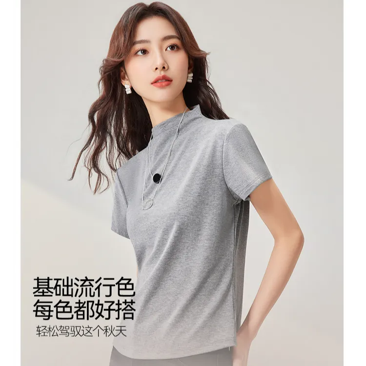 IEF/爱依服2025秋新款短袖半高领修身女士半开领T恤