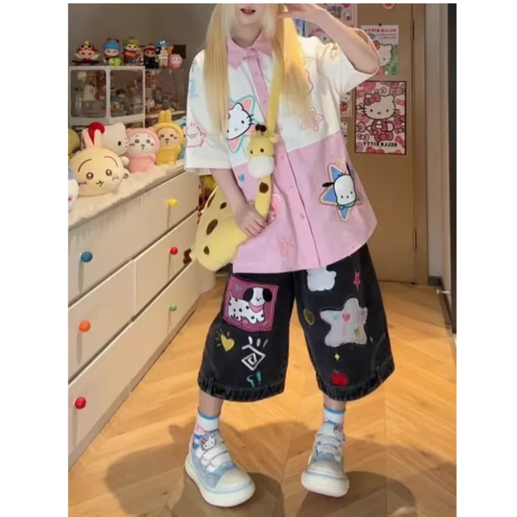 【茄子专属】美式小狗星星贴布绣牛仔裤女夏季七分裤宽松设计感裤子