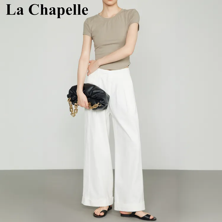 拉夏贝尔高级感老钱风休闲裤白色阔腿裤直筒裤慵懒风女裤夏季新款