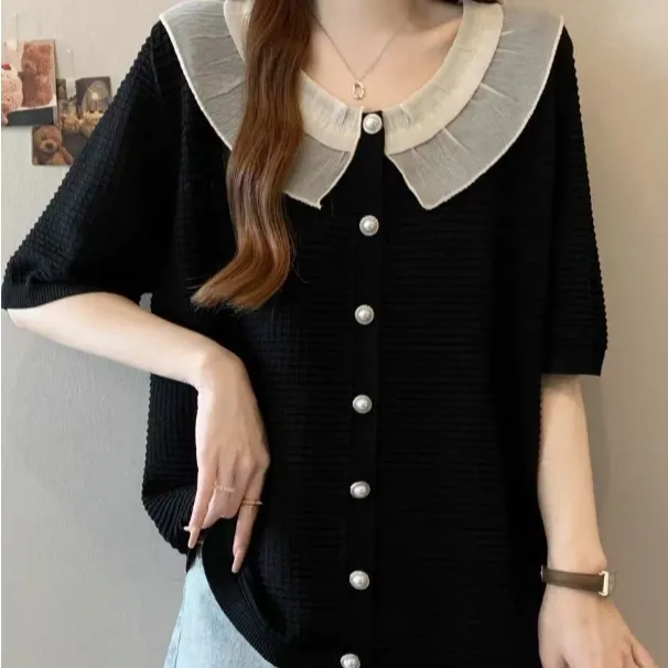 （578）大码小香风蕾丝娃娃领拼接针织开衫夏新款宽松显瘦遮肉上衣