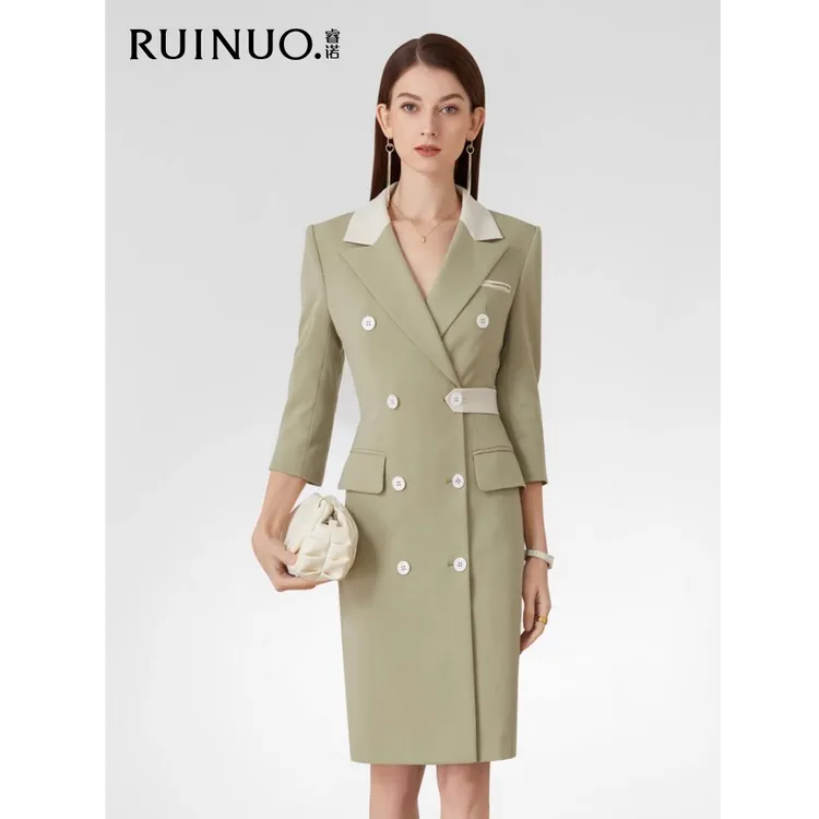 睿诺时尚绿色连衣裙修身西装撞色时尚女神范职业装工作服L22101