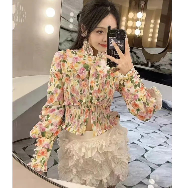 2025春季新款印花衬衫上衣女百搭气质长袖显瘦衬衣