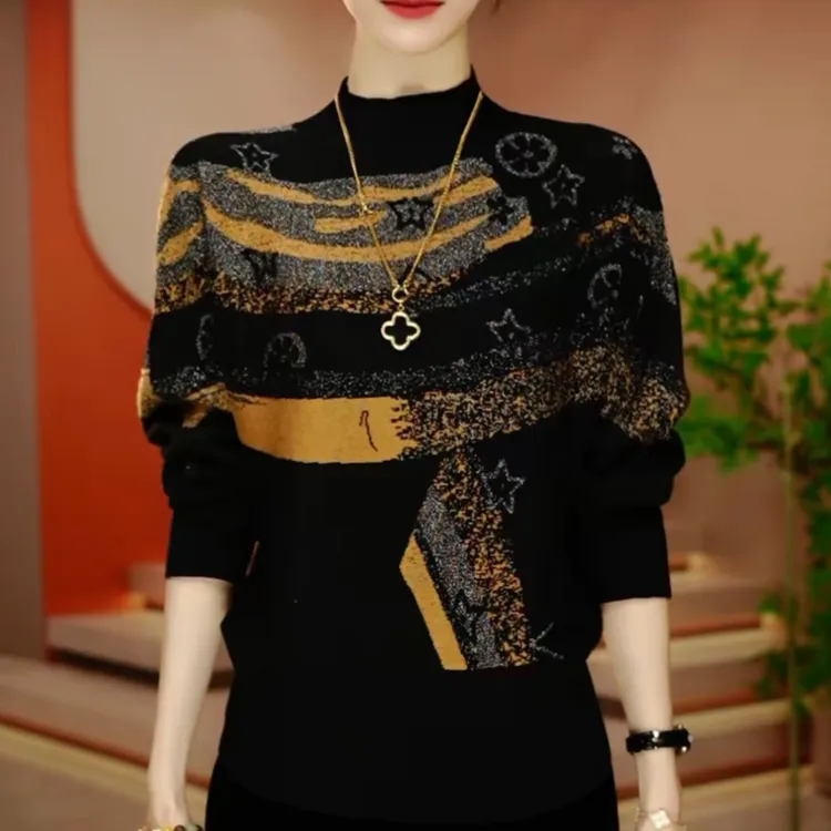 秋冬季轻奢女装休闲风长袖撞色套头针织衫时尚妈妈装显瘦保暖毛衣