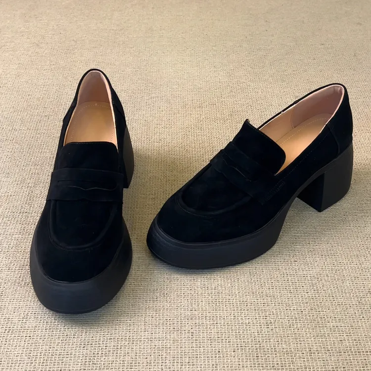 RubyL/7cm小个子简约休闲通勤百搭舒适一脚蹬圆头粗高跟单鞋女款