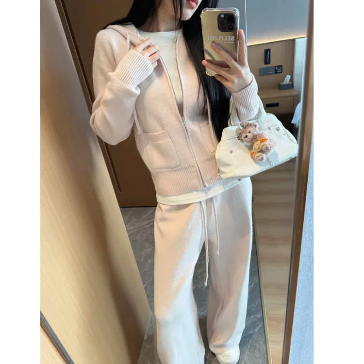 韩系纯色早秋爆款连帽开衫女慵懒风长裤针织甜美风套装可外穿冬款