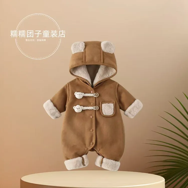 初生婴儿衣服冬季加绒棉衣宝宝加厚夹棉连体衣可爱超萌外穿爬爬服