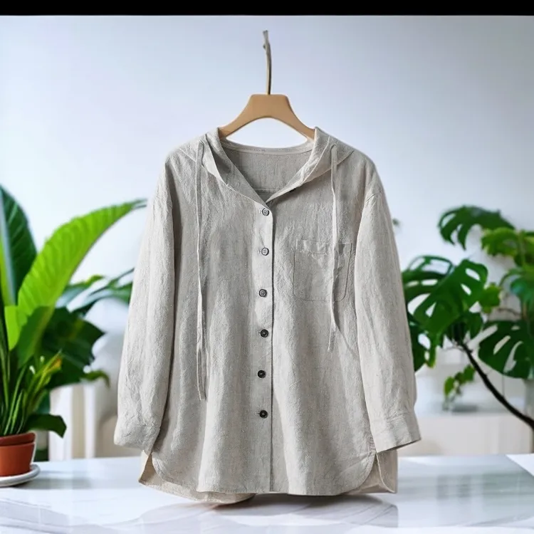 普隆迪服饰 汉麻  7支原生汉麻连帽外套女风衣文艺复古宽松2025新