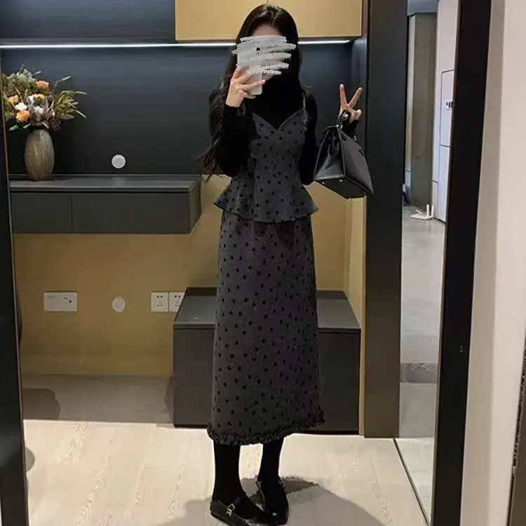 冬季甜美风气质显瘦吊带假两件连衣裙套装