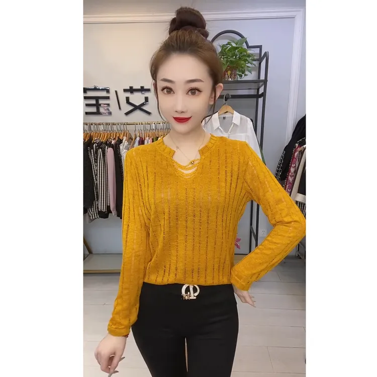 薄款春季长袖镂空女士针织衫打底衫时尚百搭洋气T恤女装
