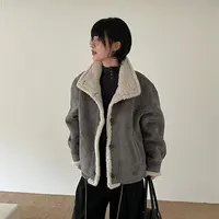 鹿皮绒外套女冬季新款加绒加厚立领显瘦韩系短款夹克皮.毛一体