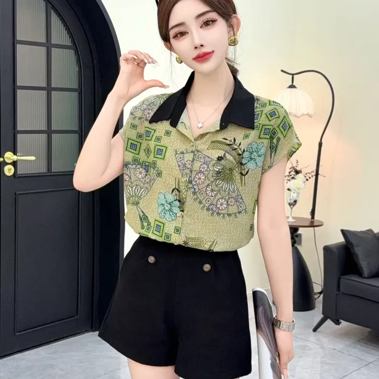 夏季翻领短袖印花通勤碎花衬衫时尚小衫气质清凉感显瘦洋气休闲