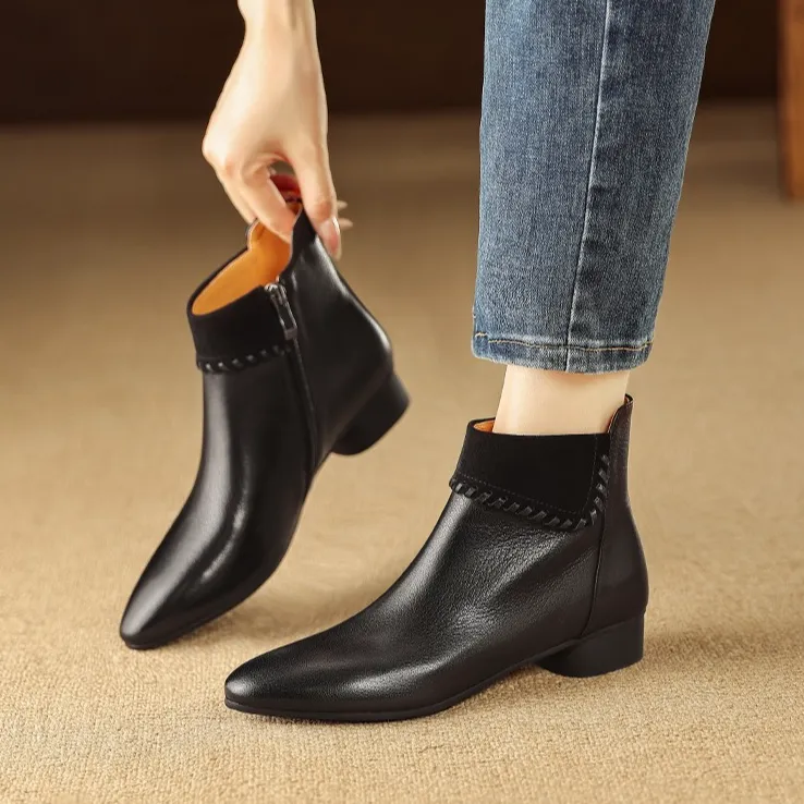 全软羊皮断码清仓真皮小短靴女粗跟2025秋冬新款3公分靴子女单靴