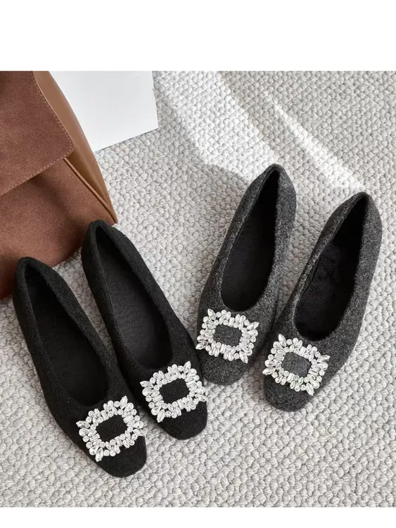 水钻气质软底毛毛外穿时尚韩版仙女方头皮鞋女款巨软方头水钻女鞋