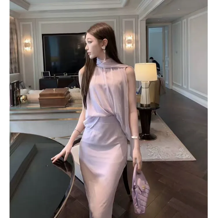 法式气质女神2025夏季新款温柔减龄无袖飘带上衣配高腰半身裙套装